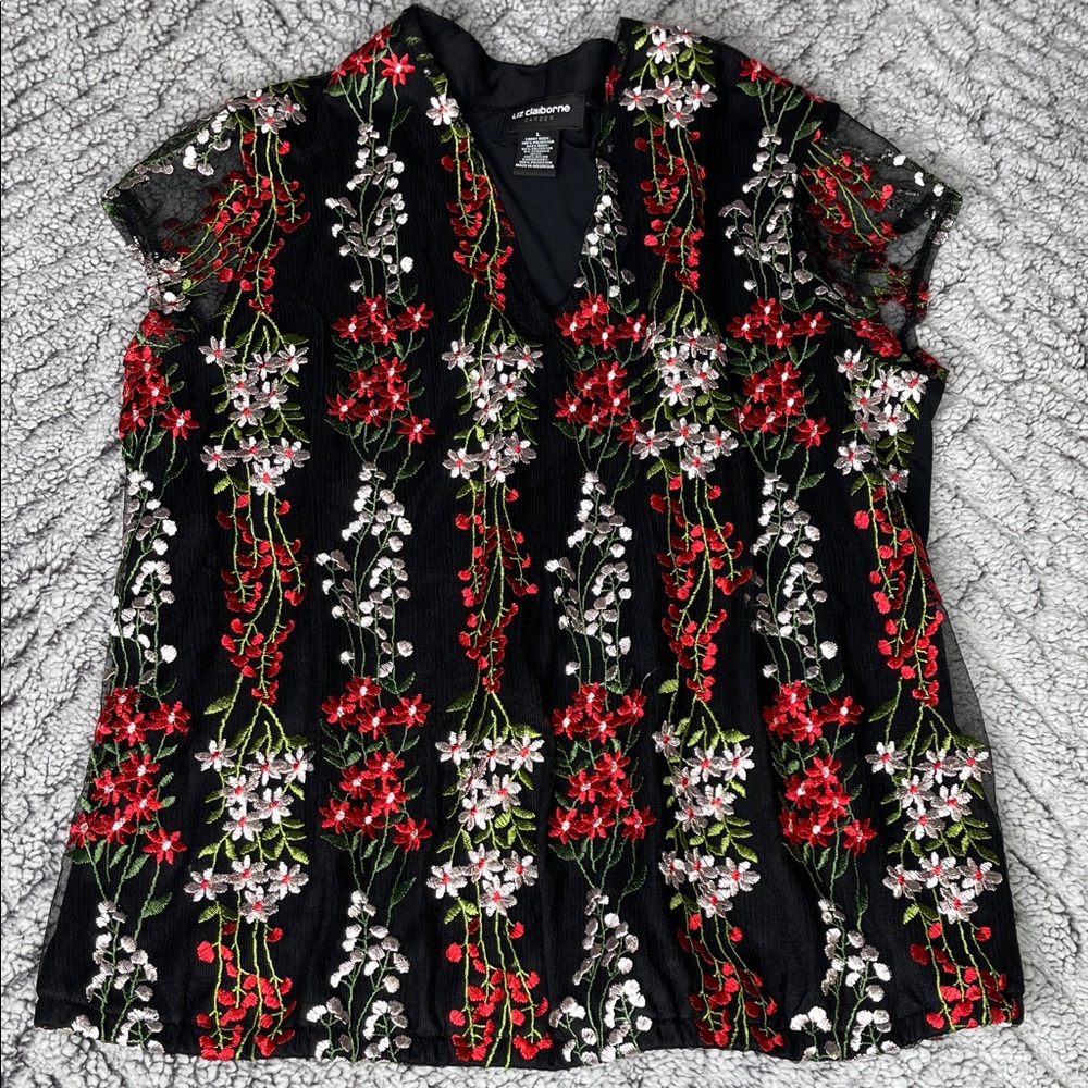 Liz Claiborne Black Blouse with Red and Green Floral Embroidery